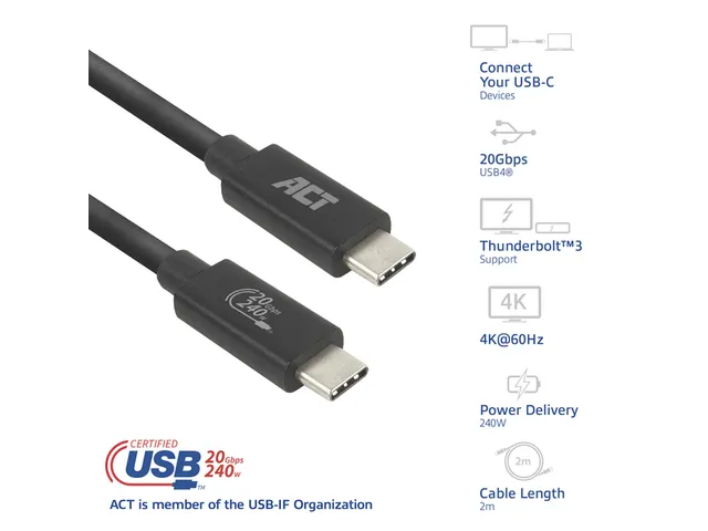 Kabel ACT USB-C 4.0 20Gbps Thunderbolt 3 2m