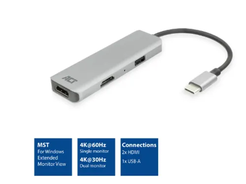 Adapter ACT USB-C 4K multiport voor 2 HDMI monitoren