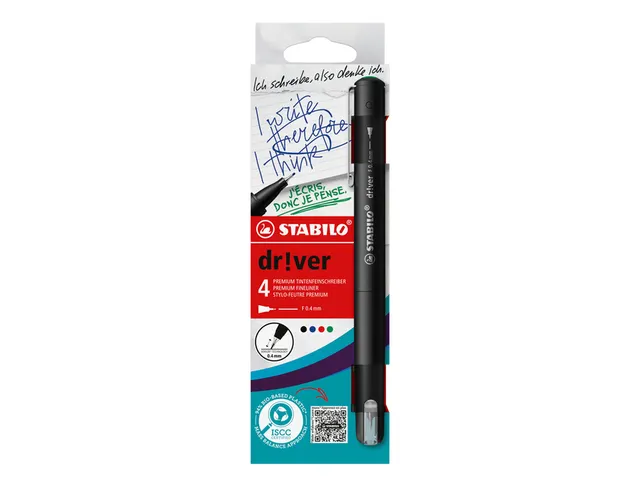 Fineliner STABILO dr!ver Etui met 4 kleuren Fijne punt 0.4mm