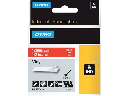 Labeltape Dymo Rhino 1805416 Vinyl 12mmx5.5m Wit op Rood