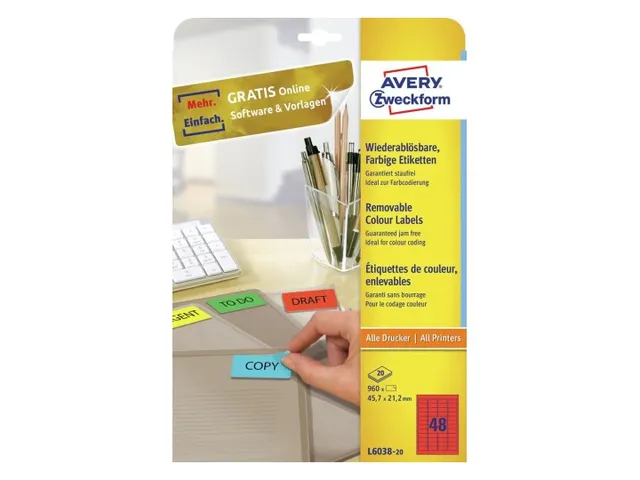 Gekleurde etiketten Avery Zweckform 45.7x21.2mm Rood 960 stuks