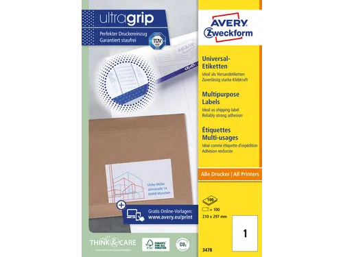 Etiket Avery Zweckform 3478 210x297mm A4 wit 100stuks