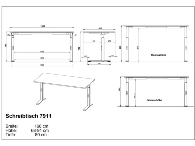 In hoogte verstelbaar bureau,HxBxD 680-910x1600x800mm,blad grafiet