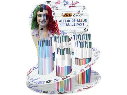 Balpen Bic 4kleuren medium assorti display à 60 stuks