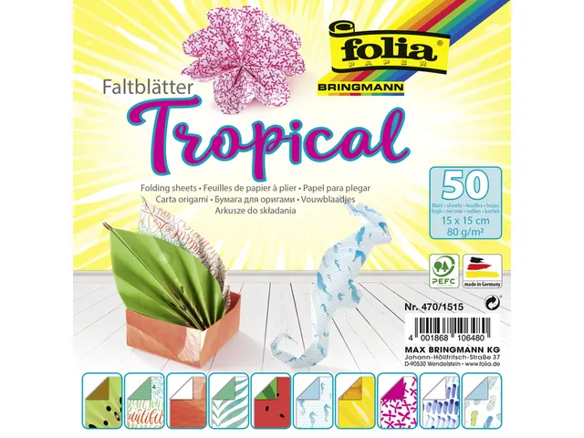 Vouwblaadjes Folia 80gr 15x15cm 50 vel 2-zijdig 10 tropical designs