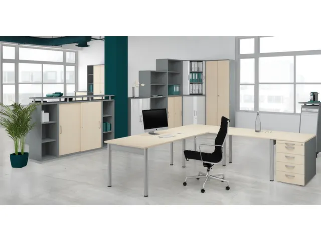 In hoogte verstelbaar hoekbureau 680-800x2166x1130mm beuken zilver