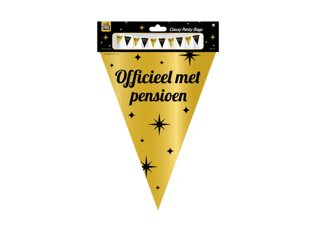 Slinger Folie vlaggen Party Flag Foil 'Pensioen' Goud-Zwart 30cmx10m
