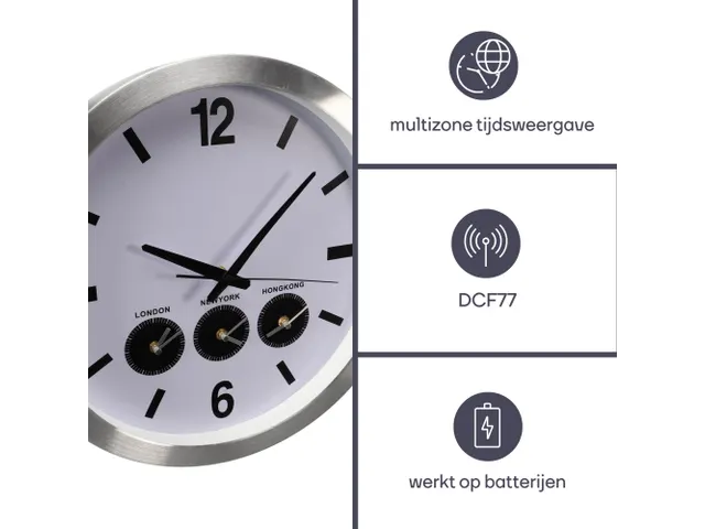 Aluminium Wereldklok Met 3 Tijdzones Ø 45.5cm cijfers