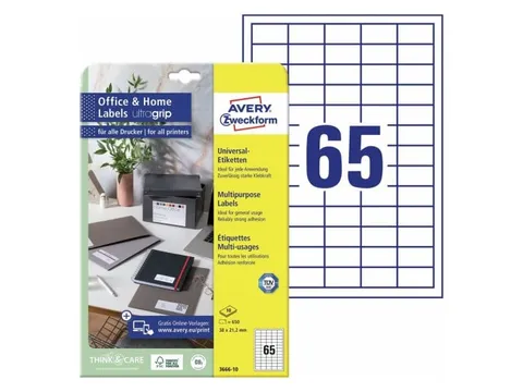 Etiket Avery permanent 3666-10 38x21.2mm wit 650 stuks 10 vel