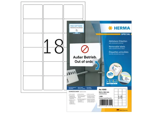 HERMA 10302 Verwijderbare etiketten A4 63,5x46,6mm Wit 1800 stuks