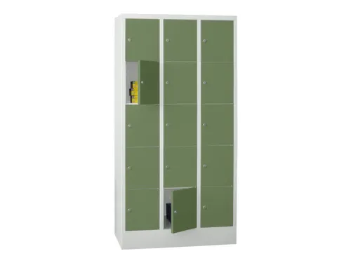 lockerkast,HxBxD 1850x900x500mm,3x5vakken,RAL7035,front RAL6011