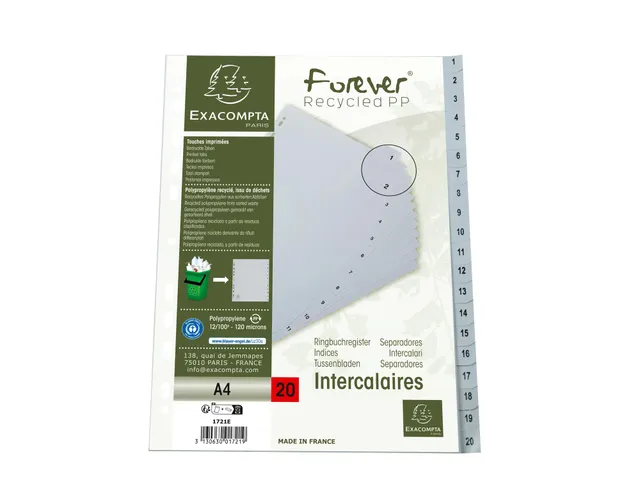 Tab. gerecycled PP A 4 bedrukt 1-20 grijs