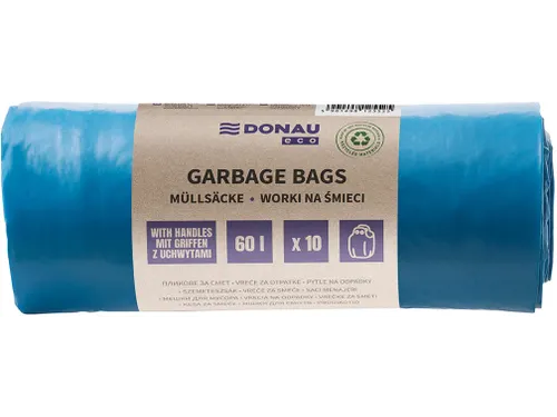 Donau Eco vuilniszak met handvatten LDPE 30 micron 60L 10 stuks blauw