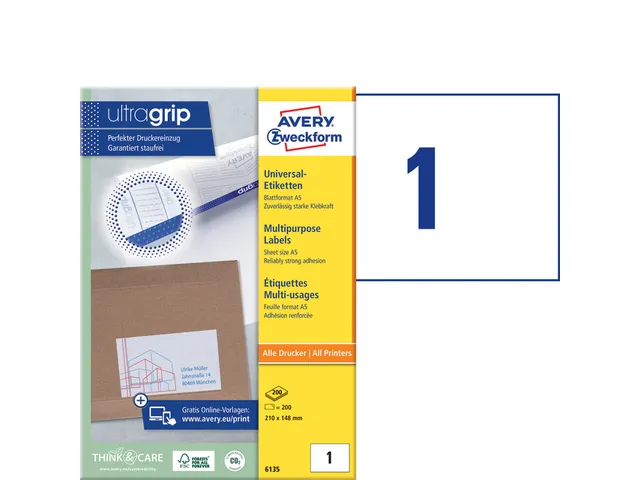 Etiket Avery Zweckform 6135 210x148mm A5 wit 200 stuks