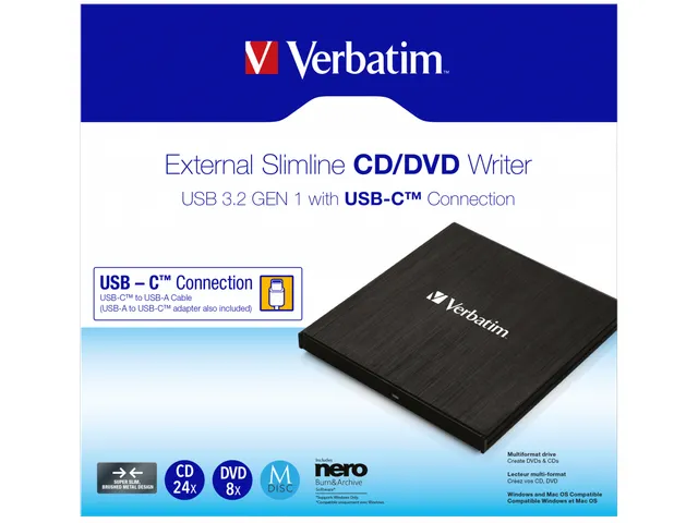 Verbatim External Slimline Writer 43886 Cd/Dvd Usb-C Black