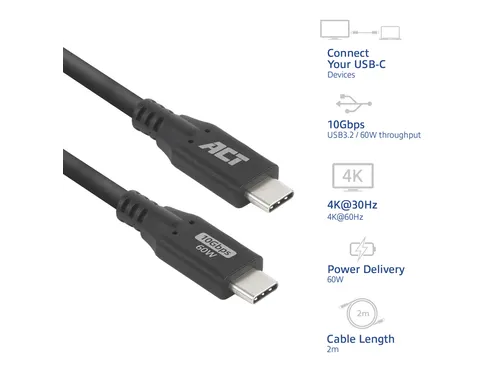 Kabel ACT USB-C 3.2 GEN.2 M/M zwart 2 meter