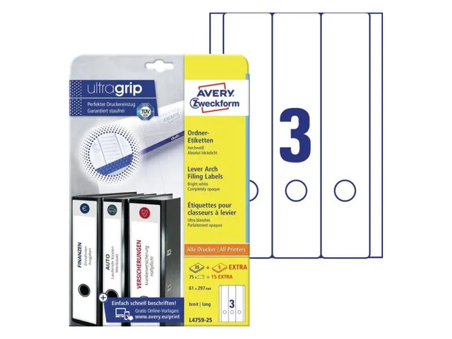 Rugetiket Avery Zweckform Breed/lang 297x61mm Wit L4759 90 stuks