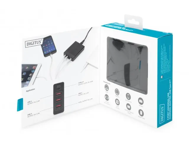 4-poorts USB-lader 72W 1xUSB-C 5,9,15,20V/3A 3x USB-A 5V/2,4A Zwart