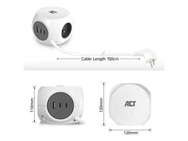 Cube multiprise ACT 3 prises inclus 2x USB C/A 1,5m blanc/gris FR/BE