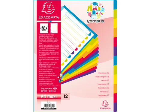 Tabbladen A4+ PP Assorti Campus Doorschijnend 12-Delig 11-Gaats