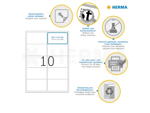 HERMA 10316 Verwijderbare Adresetiket A4 99,1x57mm Wit 1000 stuks