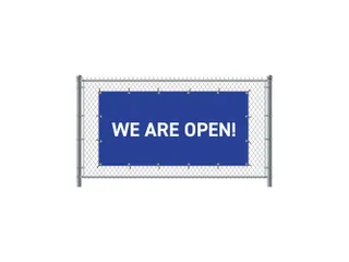 Hekwerkbanner 200x100 cm Blauw met Engelse Print We Are Open - 1