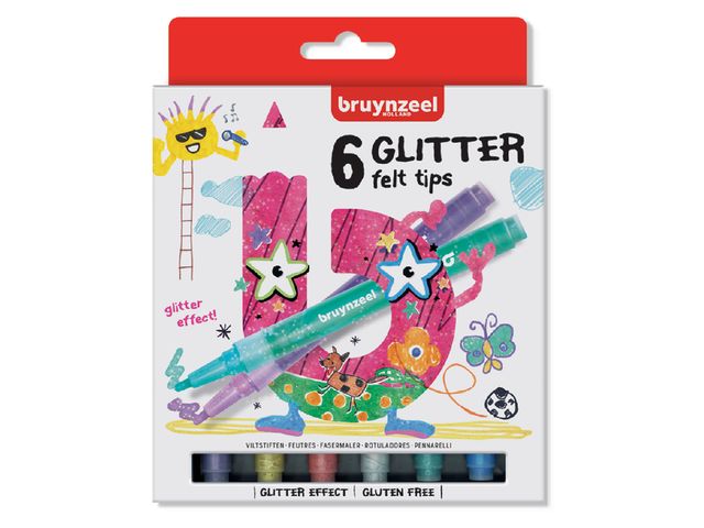 Viltstift Bruynzeel Kids glitter blister à 6 stuks assorti | ViltstiftenShop.nl