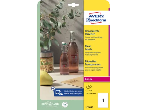 Crystal Clear Etiket Avery Zweckform 210x297mm A4 transparant 25 stuks