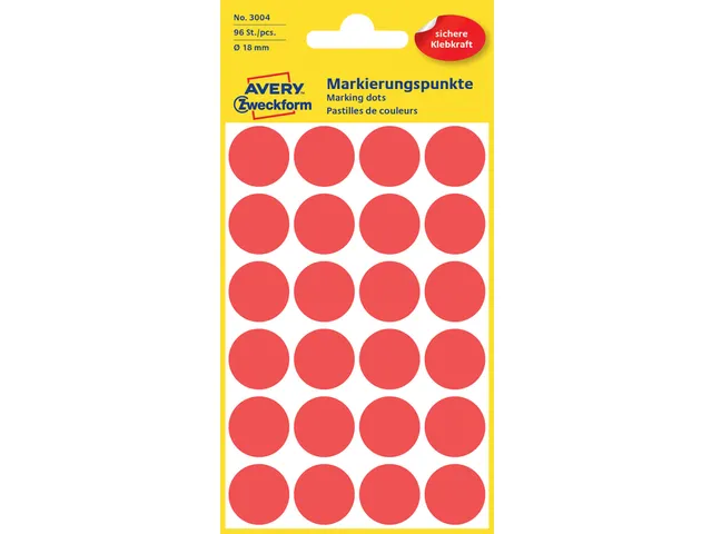 Etiket Avery Zweckform 3004 Rond Ø18mm Rood 96 Stuks