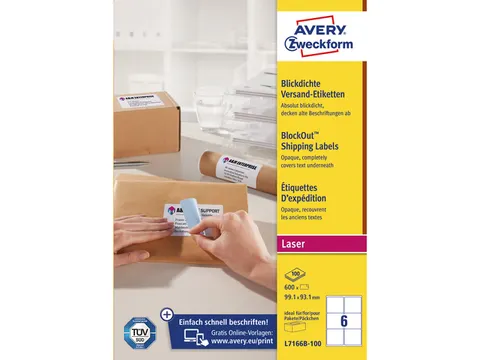 Verzendetiket Avery Block-out, 99,1 x 93,1mm wit doos 100 vel, 6 etike
