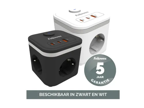 Stekkerblok Fellowes Power Cube F 3-voudig 1xUSB-A 2xUSB-C 2m zwart