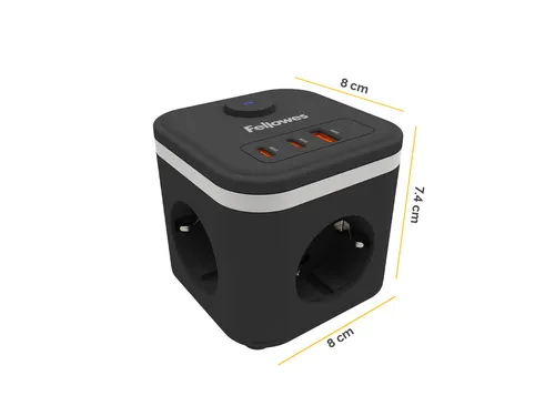 Stekkerblok Fellowes Power Cube F 3-voudig 1xUSB-A 2xUSB-C 2m zwart
