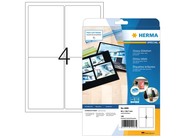 HERMA 4908 Glossy Etiketten A4 96x139,7mm Wit 100 stuks