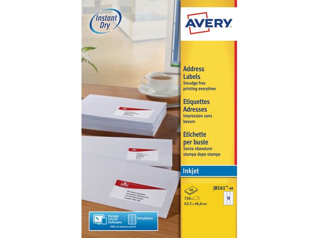 Etiket Avery J8161-40 63.5x46.6mm Wit 720stuks | AveryEtiketten.be