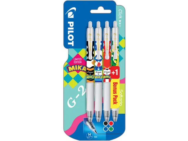 Gelroller Pilot G-2 07 by Mika Medium punt, blister 3+1 gratis assorti