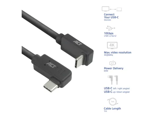 Kabel ACT USB-C hoek links/rechts USB-C hoek boven/beneden 10Gbps 1m