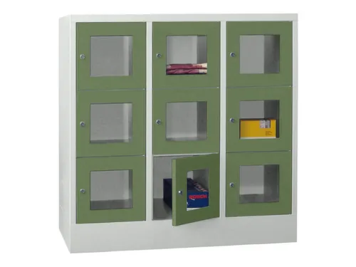 lockerkast,HxBxD 1187x1200x500mm,3x3vakken,RAL7035,front RAL6011