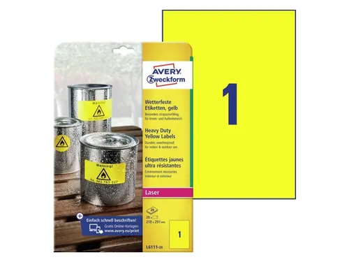 Avery Zweckform Ultra sterk etiket L6111-20 210x297mm Geel 20 stuks
