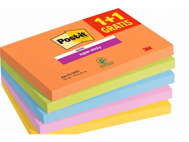 Bloc mémos 3M Post-it 655 Super Sticky 76x127mm Boos 1+1 gratuit