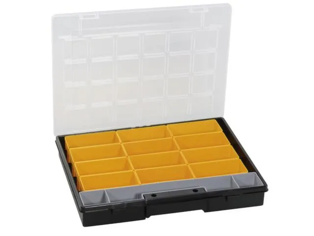 Bak voor kleine onderdelen,HxBxD 55x370x295mm,12bakken,PP,koffer zwart