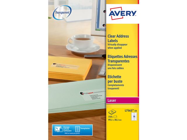 laseretiket Avery 99,1x38,1mm transparant 25 vel 14 etiketten per vel | AveryEtiketten.be