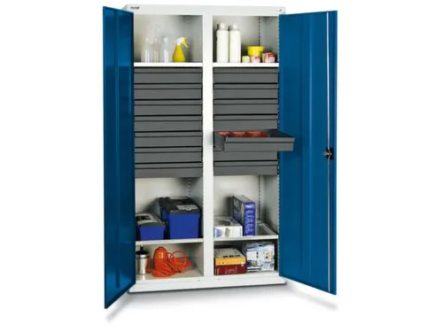 Materiaalkast 1800x1000x500mm 4legborden Uitschuifbaar 14laden Ral5010