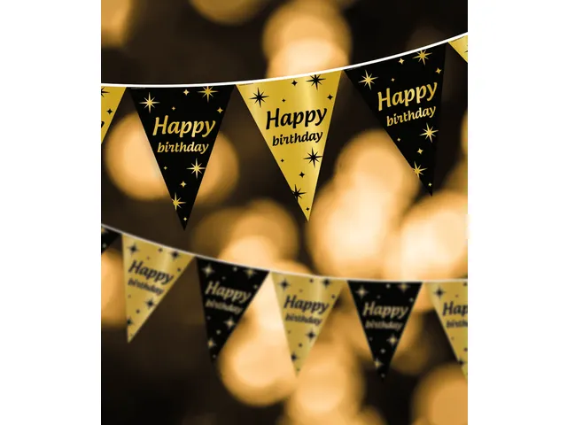 Slinger Folie vlaggen Party Flag Foil 'Happy Birthday' Goud-Zwart 10m