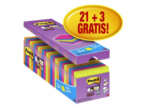 Memoblok 3M Post-it 654 Super Sticky 76x76mm 21+3 gratis assorti