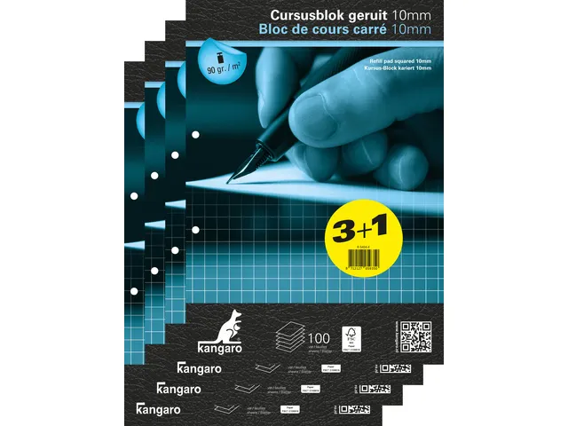 Cursusblok Kangaro A4 ruit 10mm 90 grams 100 vel pak 4 stuks