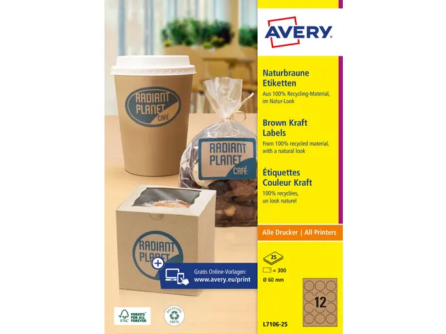 Etiket Avery L7106-25 permanent rond 60mm kraft 300 stuks 25 vel