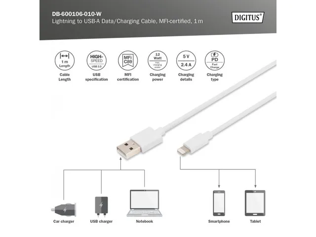 Oplaad-/datakabel Lightning USB A St/St 1m iP5/6/7 MFI Wit