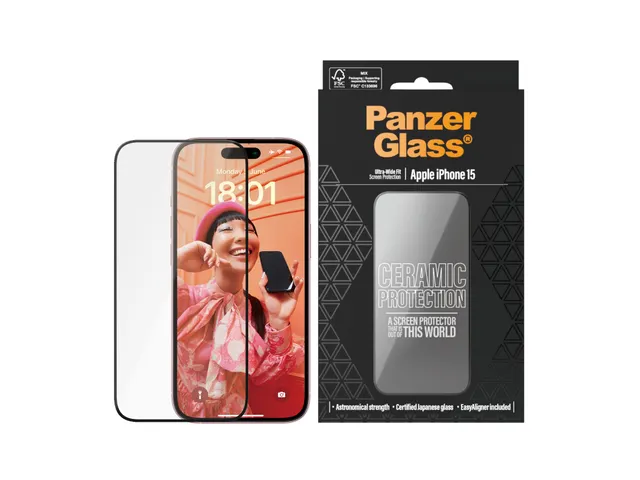 PanzerGlass Ceramic Protection for iPhone 15 | Ultra-Wide Fit w. Ea