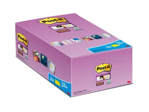 Memoblok 3M Post-it 655 Super Sticky 76x127mm geel 14+2 gratis