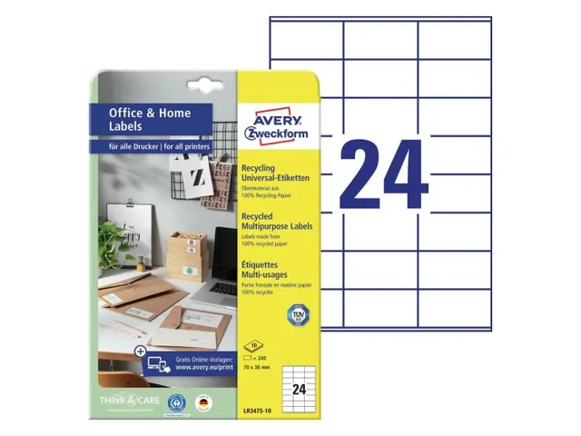 Etiket Avery Zweckform LR3475-10 70x36mm recycled wit 240 stuks